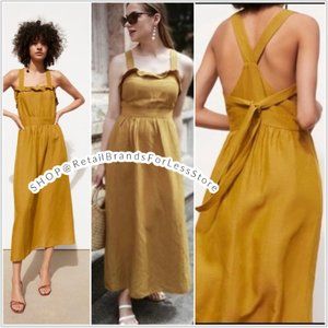 ZARA LINEN BLEND MUSTARD GOLDEN CROSS BACK RUSTIC BOHO MIDI MAXI DRESS $69.90
